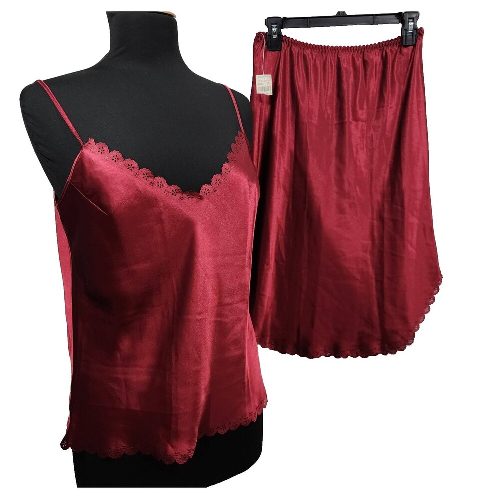 Vintage TJW By Mervyns Camisole Skirt Satin Slip Set Red Wine Eyelet Lace Trim M